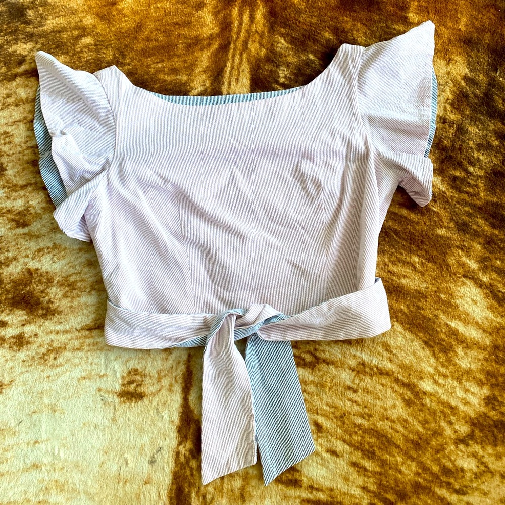 MILLY Pink White Grey Pin-Stripe Italian Seersucker Cropped Top
